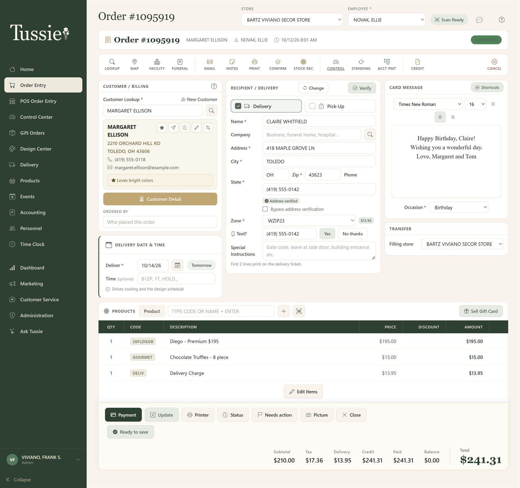 The Tussie order entry screen with the customer, the recipient and delivery address, the card message, the items ordered, and the order total on one screen