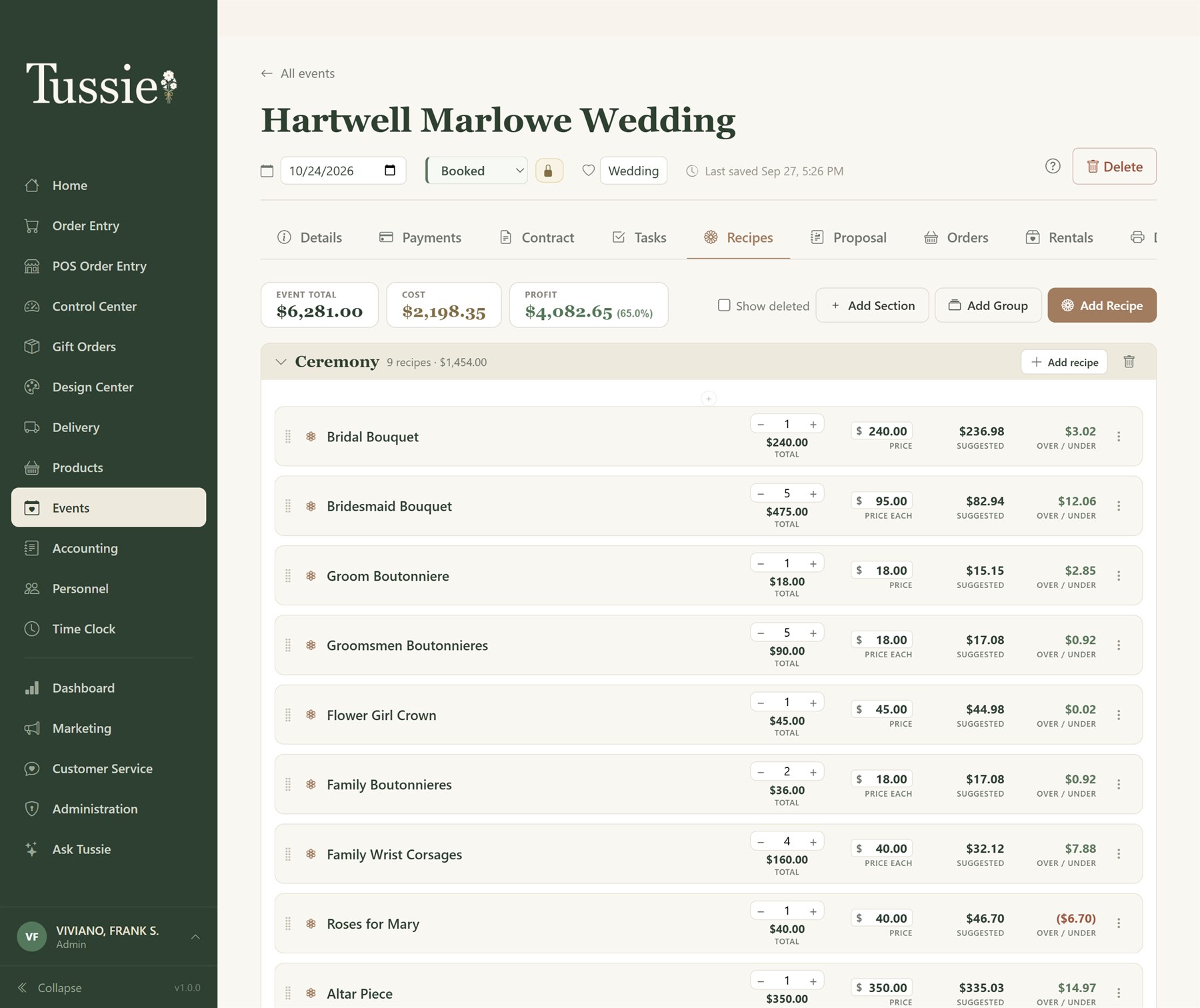 A wedding in Tussie, showing the event total, cost, and profit above the list of bouquets, boutonnieres, and corsages with their prices